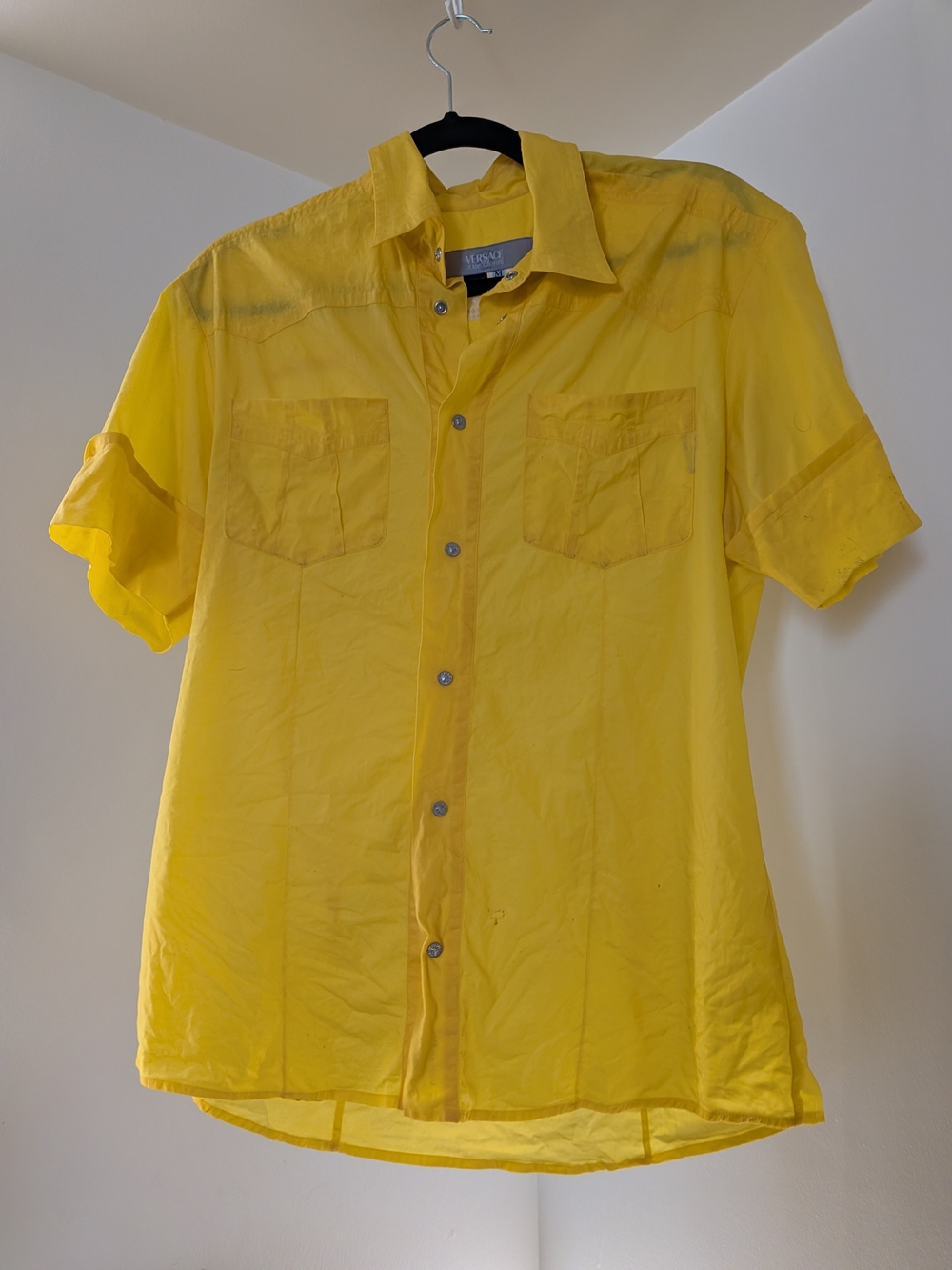 Versace Men's Yellow Western Short-Sleeve Button-Up Shirt